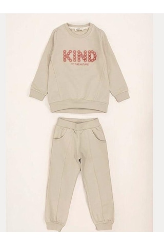 Kız Çocuk Kind İşlemeli Eşofman Takım-14389 Bej