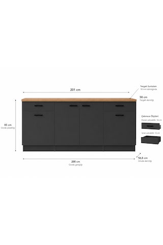 Paye Mutfak 4 Kapaklı - 2 Çekmeceli Alt Modül - Çok Amaçlı Dolap - Fırın Dolabı - 200 Cm - Tezgah Dahil Antrasit
