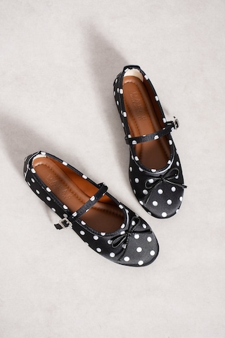 Dabab Shoes Penelop Kadın Siyah Saten Puantiyeli Fiyonk Detaylı Ayarlanabilir Tokalı Ortopedik Taban Mary Jane Babet Ayakkabı