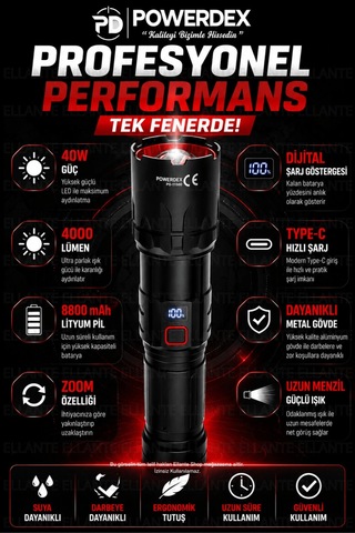 Profesyonel Zoomlu Avcı Feneri 40w 4000 Lümen 8800 Mah Şarjlı Led El Feneri Dijital Batarya Gösterge Çok Renkli