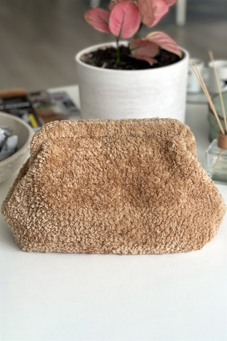 El Yapımı Taba Rengi Teddy Yün Örgü El Çantası Taba