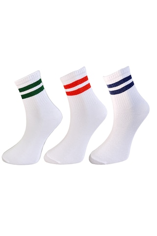 Silk Step 6'lı Paket Kadın, Renkli Çemberli Günlük Kolej - Tenis Çorabı Beyaz Zemin 6 Farklı Çember Rengi Beyaz