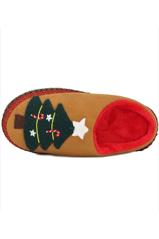 Yılbaşı Noel Çam Ağacı Desen Ev Terliği Taba