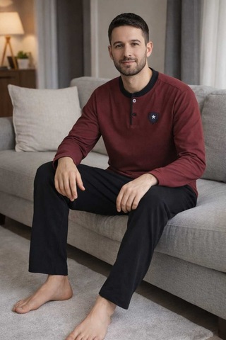 Tenra Erkek Pijama Takımı %100 Pamuk Uzun Kol Bordo