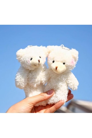 Sevimli Peluş Pembe Yanaklı Beyaz Ayıcık Anahtarlık Çanta Süsü 12cm