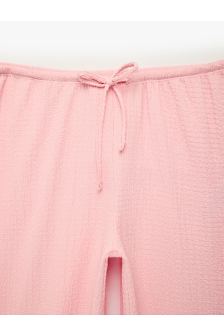 Koton Bürümcük Kumaş Beli Bağcıklı Düz Geniş Paça Pantolon Pembe 6sak40111ek Gül
