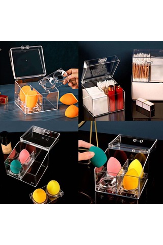 Fosenze Açık Kapaklı Transparan Akrilik Organizer - Koton Tüp, Makyaj Sponsu, Kosmetik Malzemeleri İçin Bölümlü Depolama Kutusu Diğer