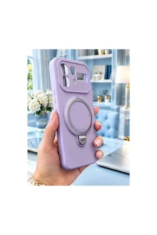 İnfinix Note 60 İle Uyumlu 360 Derece Dönebilen Kalın Metal Magsafe Halka Stantlı İçi Kadife Korumalı Ultra Lüx Premium Silikon Kılıf Lila