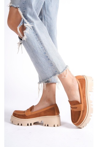 Mubiano Mb1190-tb Kalın Taban Lüx Süet Taba Kadın Kolej Loafer Taba
