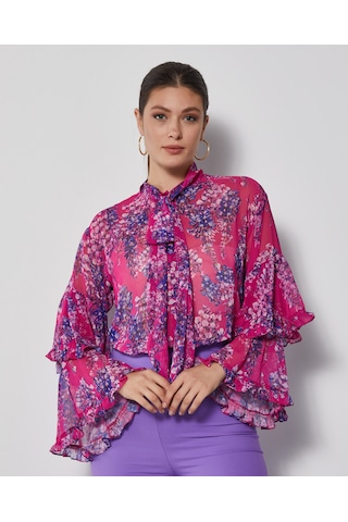Serpil Exclusive Çiçek Desenli Kadın Gömlek - Fular Yaka - Kat Kat Kol Tasarımlı - Modern Ve Şık - Günlük Ve Özel Davetler İçin Gömlek Fuşya