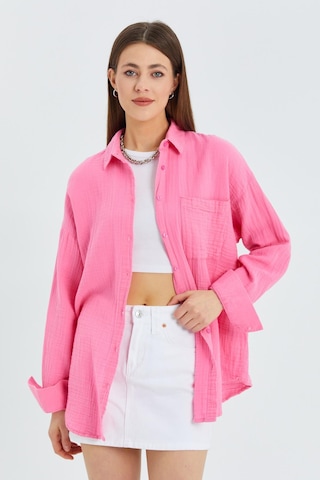 Mixray - 3833 Kadın Oversize Cepli Müslin Gömlek Pembe