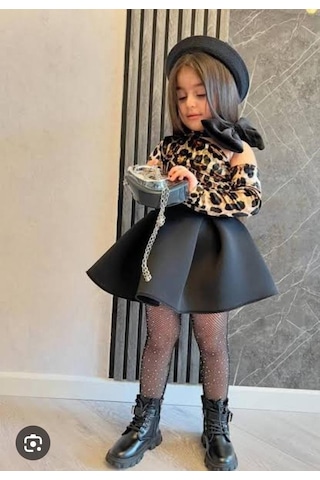 Kız Çocuk Leopar Desenli Ve Fiyonk Detaylı Takım Siyah