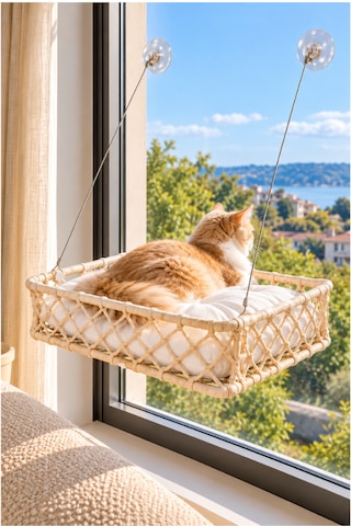 Reyo Tasaryum El İşçiliği Bohem Makrome Kedi Ve Küçük Köpek Cam Hamak Yatağı Güçlü Vantuzlu, Minderli - Krem