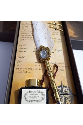 Kişiye Özel Retro Tüylü Divit Kalem Seti - Özel Kutulu Yazı Kalemi Ve Mürekkep Seti 606