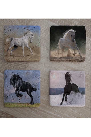 Koşan Atlar Doğal Taş Bardak Altlığı 4'lü Set - Natural Stone Coasters-174216 Çok Renkli