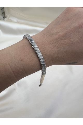 Çelik Balıksırtı Taşlı Bileklik Altın - Gümüş