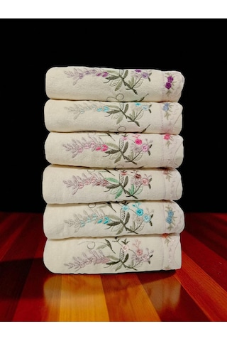 50x90 Cm Nakışlı Kadife 6lı El Havlusu Yüz Havlusu Seti Açık Krem