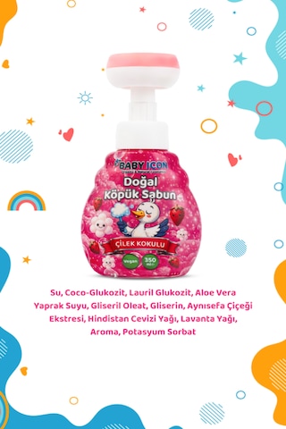 Baby Icon Doğal Çocuk Köpük El Sabunu 350 Ml Çilek Kokulu Lavanta Aynısefa Vegan Parabensiz Çiçek Şekilli Pembe Köpük