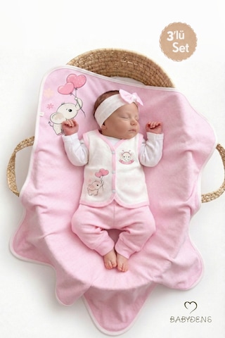 Babyden's Kız Bebek 3’lü Set Pamuklu Jakarlı Fil Baskılı Yelek ,Battaniye ,Saç Bandı 6-9 AY