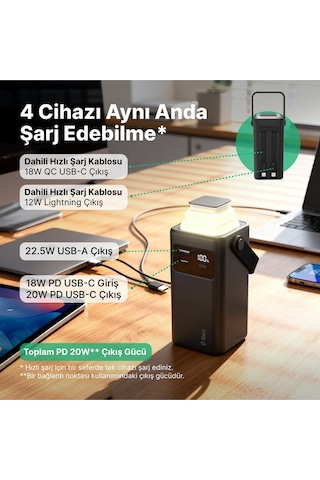 Ttec 2BB238S Recharger Extreme LCD 20.000 mAh PD 20W USB-C Ve Lightning Dahili Kablolu Led Fenerli Powerbank