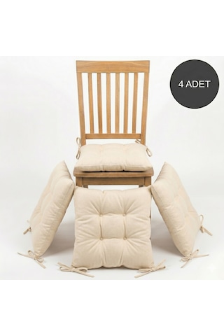 4 Adet - 40x40 Cm Lüks Süet Dokulu Bej Sandalye Minderi - %100 Silikon Elyaf Dolgulu Yıkanabilir Minder