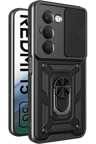 Xiaomi Redmi 15 Kılıf Kamera Korumalı Sürgülü Dönebilen Yüzüklü Armor Military Tank Kızaklı Kapak Siyah