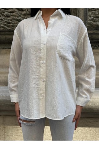 WeShaya Beyaz Oversize Kırışık %100 Polyester Gömlek Beyaz