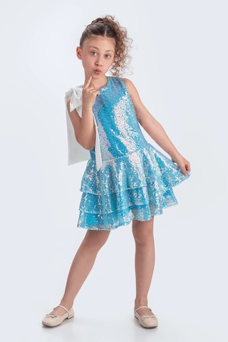 Etekli Şık Elbise Pullu 3 Kat Turkuaz