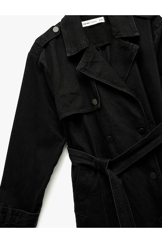 Koton Uzun Kollu Kruvaze Yaka Kemer Detaylı Uzun Denim Trençkot Siyah 6wal50043md Siyah