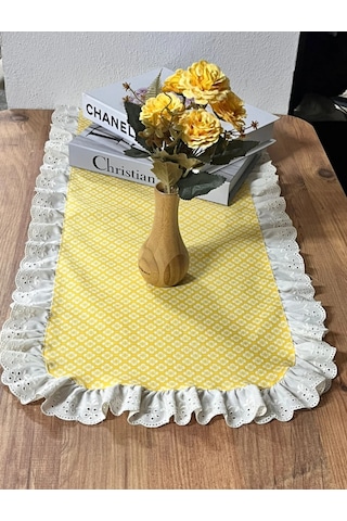 Vintage Fisto Fırfırlı Duck Keten Çiçek Desenli Oval Runner 40 X 110 Cm Sarı - Krem