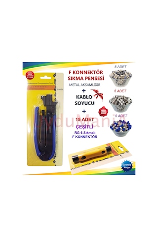 F Konnektör Sıkma Pensesi + Kablo Soyucu + Sıkmalı F Konnektörler