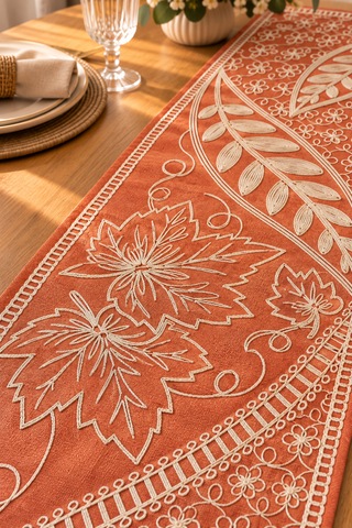Nakışlı Geometrik Desenli Dekoratif Runner Masa Örtüsü 45x120 Cm Kiremit