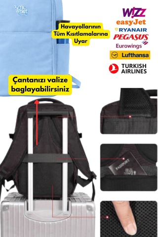 Jet Turtle Seyahat Sırt Çantası 40cm 40x25x15 Cm Pegasus, Wizz Air, Ryanair, El Valizi Koltuk Altı Valizi Buz Mavisi