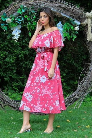 Neşeli Butik Kadın Fuşya Bağlama Detaylı Madonna Yaka Şifon Elbise Nb100371 Fuşya