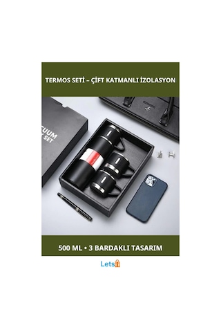 İki Katmanlı Isı Yalıtımlı 500 Ml Termos 3 Bardaklı Siyah Bordo Çok Renkli