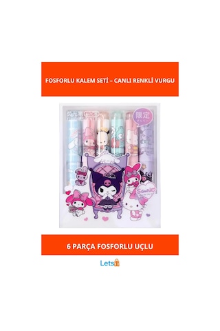 6'lı Fosforlu Kalem Seti Hello Kitty Kuromi Temalı Çok Renkli