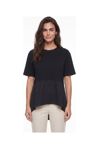 Onloox Kadın Siyah Siyah Viskon Karışımlı Bisiklet Yaka Kısa Kollu Oversize Asimetrik Kesim Garnili T-shirt