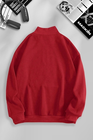 Macklin Unisex Kadın Erkek Baskısız Yarım Fermuarlı Dik Yaka Basic Sweatshirt Kırmızı Mck0604 Kırmızı