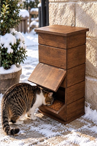 Reyo Ahşap Ceviz Cilalı Mama İstasyonu, Yağmura Ve Rüzgara Dayanıklı Uzun Ömürlü Sokak Kedileri İçin Mama Kabı 50x25x25 Cm Mldcat Monteli Teslimat