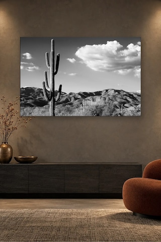 Fida Siyah Beyaz Saguaro Kaktüsü Ve Bulutlar Canvas Tablo Beyaz - Siyah