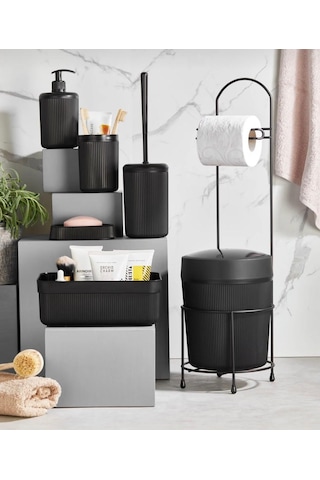7 Parça Banyo Seti Çöp Kovalı Tuvalet Kağıtlığı Ve Fırçası - Kozmetik Kutusu - Diş Fırçalık - Katı Ve Sıvı Sabunluklar Siyah