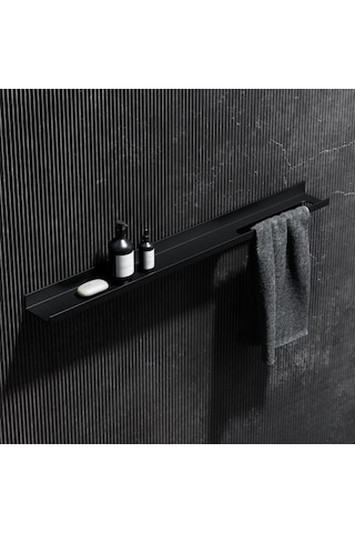 Metal Duvar Rafı Mat Siyah 60 Cm 1.5 Mm Çelik, Havlu Askılı Siyah