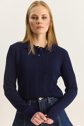 Shade Kadın Polo Yaka Patlı Regular Fit Triko Kazak 20258063 - Lacivert