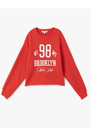 Koton Şardonlu Kolej Baskılı Bisiklet Yaka Crop Sweatshirt Kırmızı 5sal10444ık Kırmızı