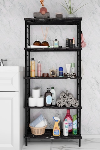 5 Raflı Çevir-kur Raf Ünitesi Telli Metal Gövdeli Organizer Banyo, Mutfak, Balkon, Antre Uyumlu Siyah Mermer