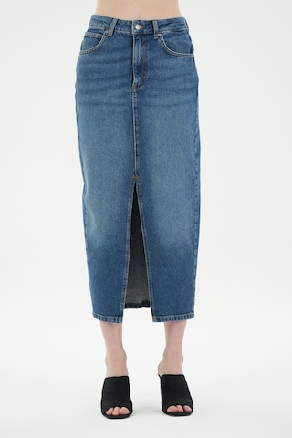 Orta Mavi Yüksek Bel Önü Yırtmaçlı Jean Etek C 4532-045 Orta Mavi