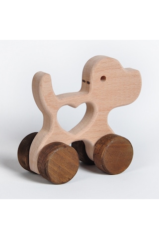 Ahşap El Yapımı Doğal Montessori Kalpli Köpek Tekerlekli Oyuncak