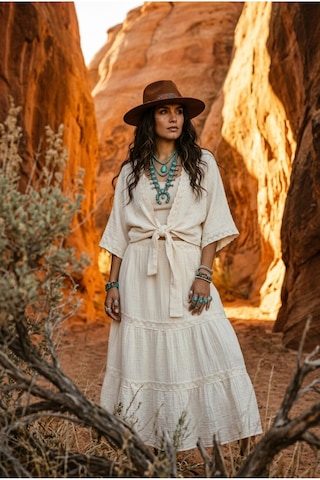 Fashion Cocktail Romantik Fisto İşlemeli V Yaka Önden Bağlamalı Crop Bluz Ve Kat Kat Fırfırlı Etek Seti Tiril Tiril Şile Bezi Görünümlü Müslin Etnik Bohem İkili Takım ekru
