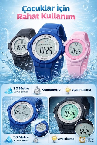Captiva Digital 3 Atm Suya Dayanıklı Işık+alarm+kronometre+takvimli Çoçuk Kol Saati Cp.ml.002s3 Pembe
