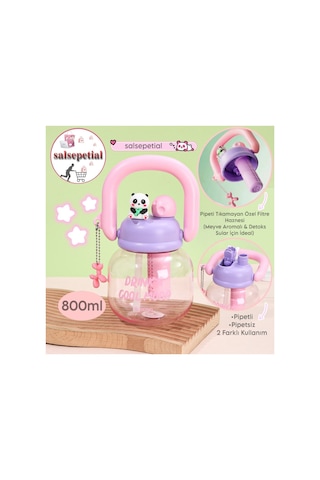 Panda Su Matarası Kawaii Suluk Panda Figürlü Su Şişesi Panda Matara Pipetli Matara Aroma Filtresi Detox Filtreli Charmlı Sevimli Panda Suluk 800ml Pembe